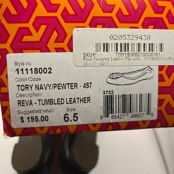 Tory Burch Reva Navy‎ Pewter Leather Ballet Flats with Metal Logo Size 6.5 - Picture 6 of 6